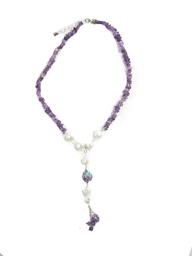 Amethyst Freshwater Pearl Purple Carved Floral Glass Bead Jointed Sterling Silver Necklace
