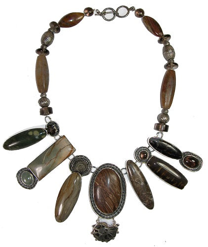 Natural Jasper Ammonite Fossil Sterling Silver Necklace