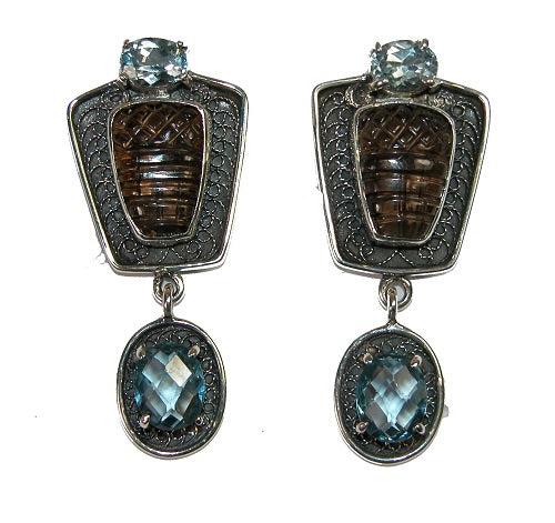 Carved Smoky Quartz Blue Topaz Crystal Sterling Silver