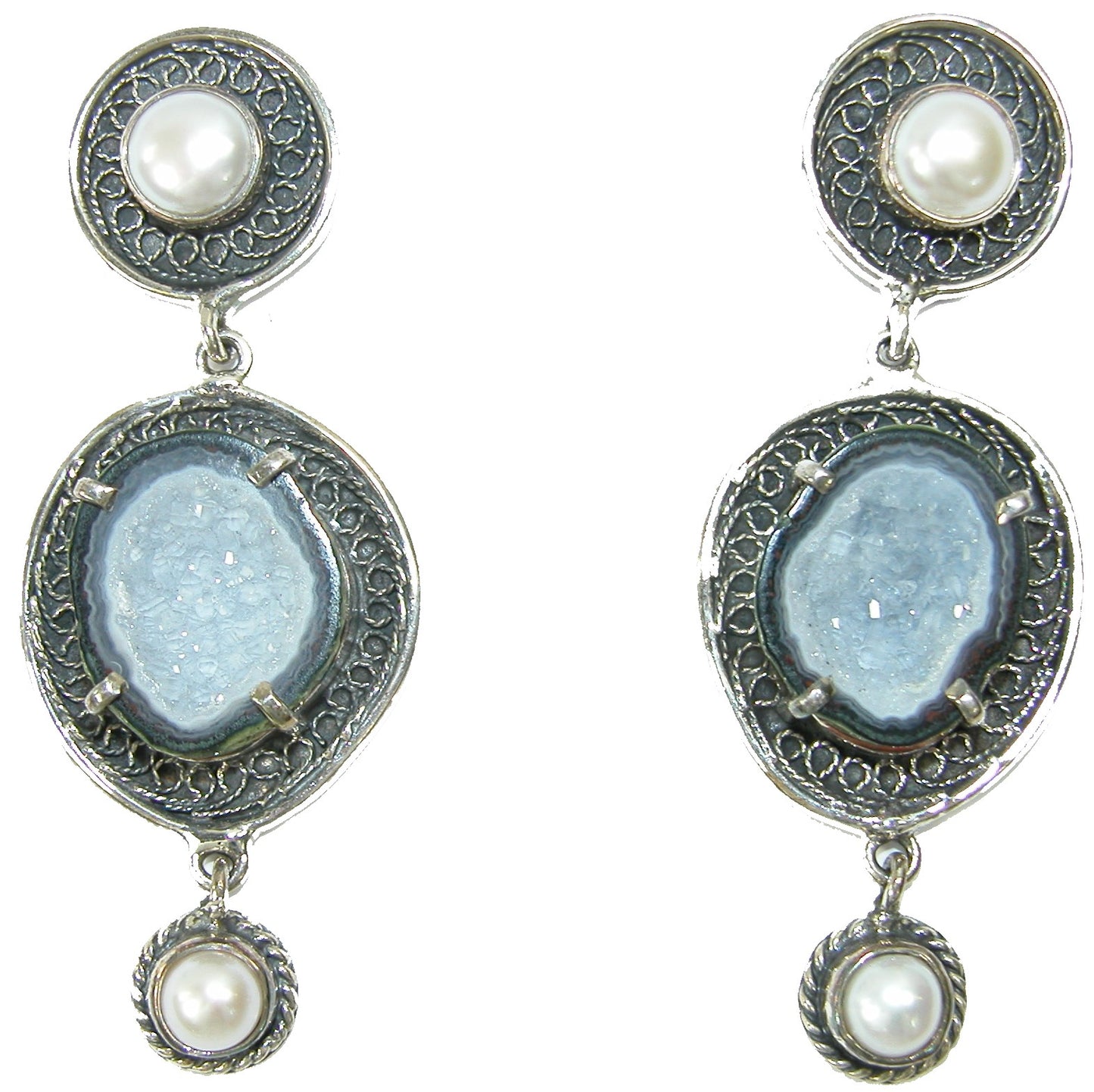 Brazilian Agate Drusy Freshwater Pearl Sterling Silver Earring