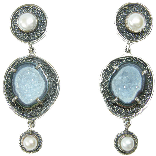 Brazilian Agate Drusy Freshwater Pearl Sterling Silver Earring