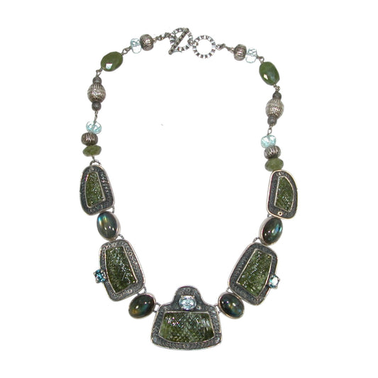 Vesuvianite, Blue Topaz, Labradorite, Crystal Sterling Silver Beaded Necklace