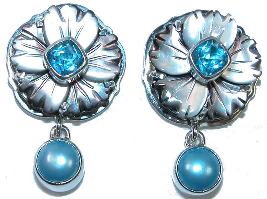 Hand Carved Mother of Pearl Flower Sterling Silver Earring