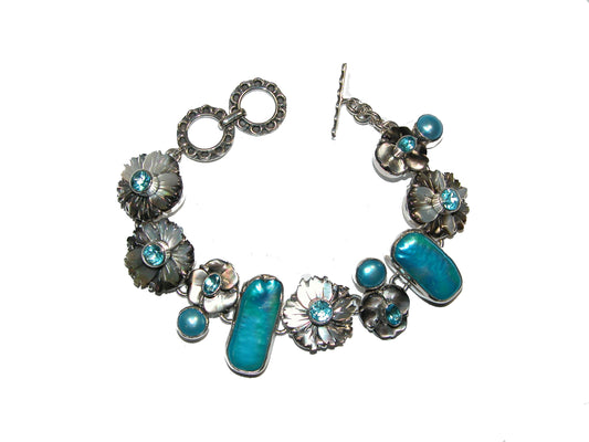 Floral Freshwater Pearl Blue Topaz Sterling Silver Bracelet