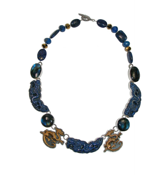 20714 Carved Blue Dragon Labradorite Sterling Silver Necklace