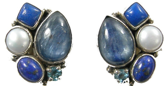 Kyanite Lapis Cluster Sterling Silver Earring
