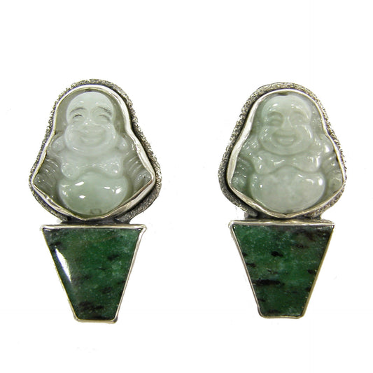 Carved Green Jade Buddha Sterling Silver Dangle Earrings