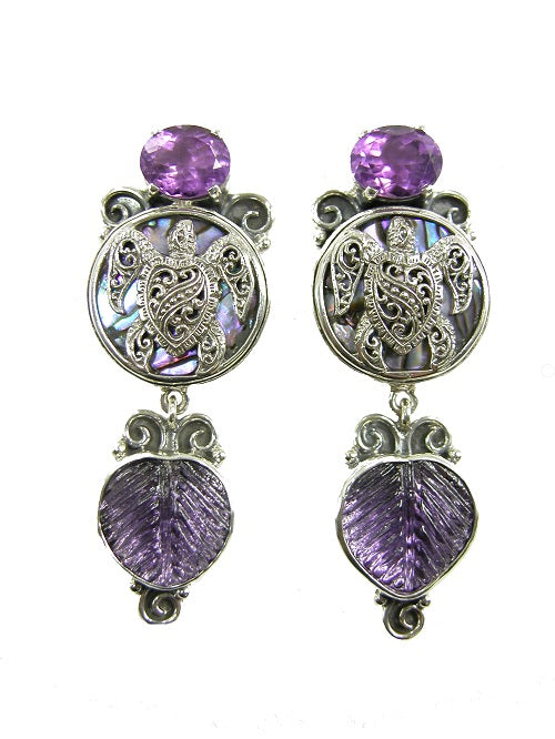 20753 Amethyst Vintage Glass Turtle Sterling Silver Drop Earrings