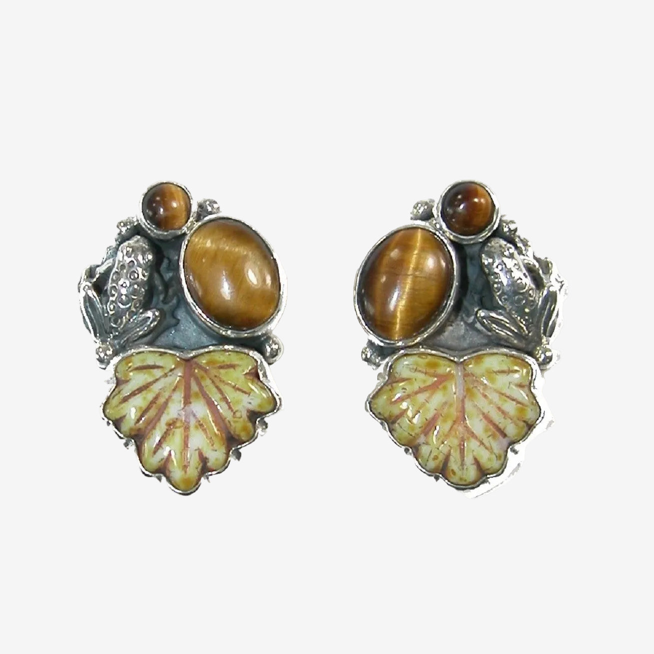 20760 Tiger's Eye, Carved Bone Leaf, Sterling Silver Frog Earrings