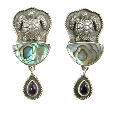 20770 Sea Turtles Abalone Amethyst Sterling Silver Earrings
