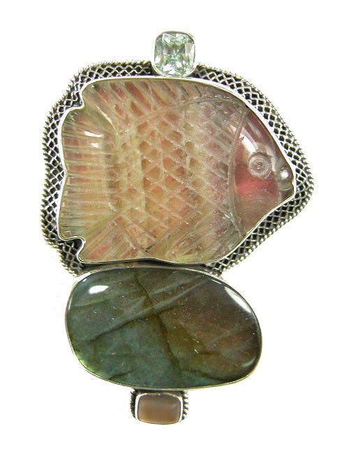 20771 Carved Fluorite Fish Labradorite Sterling Silver Pin Pendant