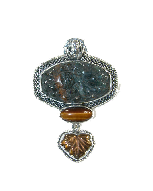 20774 Carved Rainbow Obsidian Tiger's Eye Sterling Silver Pin Pendant