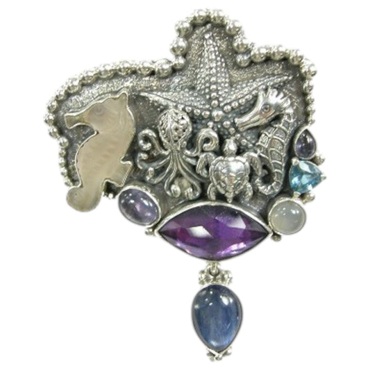 20778 Amethyst,Kyanite, Iolite, Blue Topaz Seahorse Sterling Silver Pin and Pendant