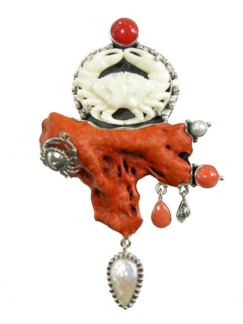 Carved Crab Coral Freshwater Pearl Sterling Silver Pin Pendant