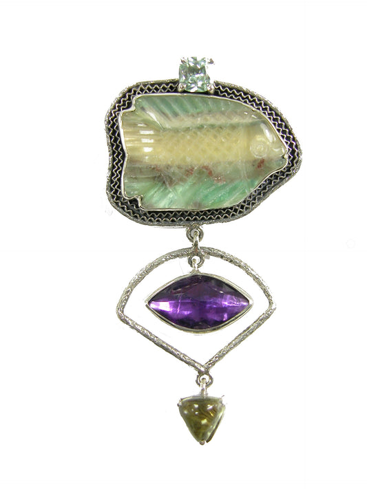 20798 Purple Agate, Hand Enameled Seahorse Sterling Silver Pin and Pendant