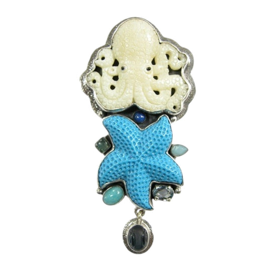 Carved Octopus Lapis Amazonite Sterling Silver Pin Pendant