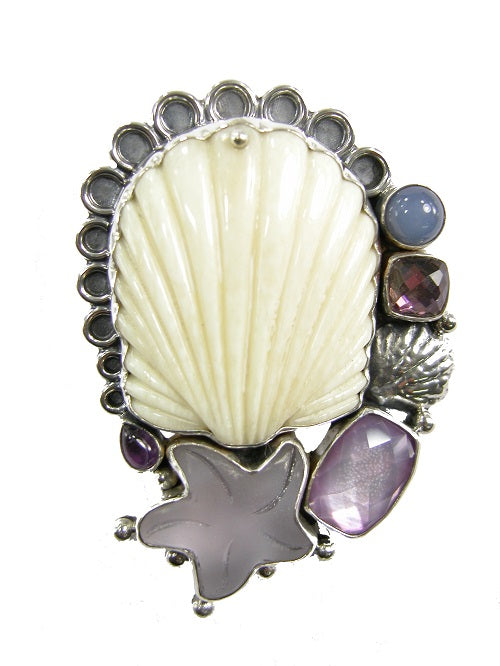 20804 Carved Bone Seashell and Amethyst Sterling Silver Pin Pendant