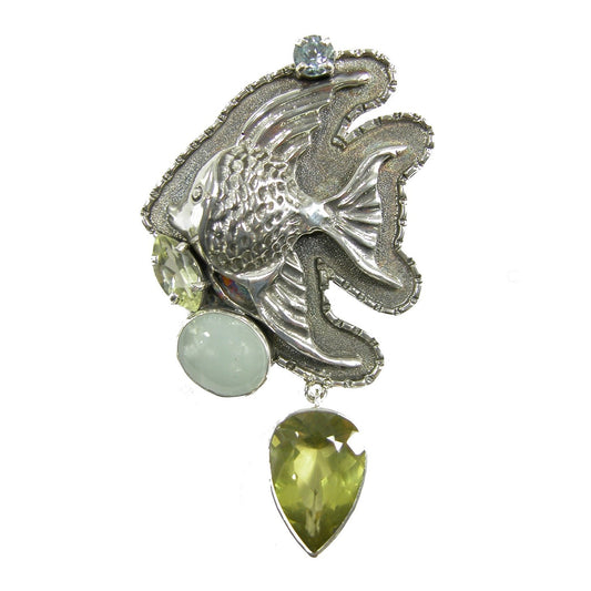 20807 Citrine, Blue Topaz, Aquamarine Fish Sterling Silver Pin and Pendant