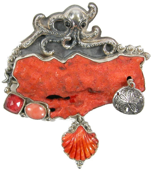 Spiny Oyster Apple Coral Octopus Sterling Silver Pin Pendant