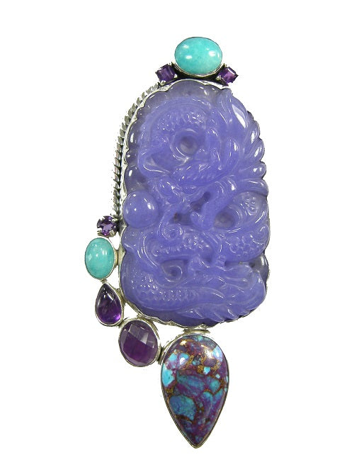 Carved Purple Agate Dragon Amethyst Sterling Silver Pin or Pendant