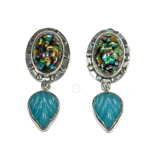 20869 Carved Leaf Cabochon Sterling Silver Dangle Earrings