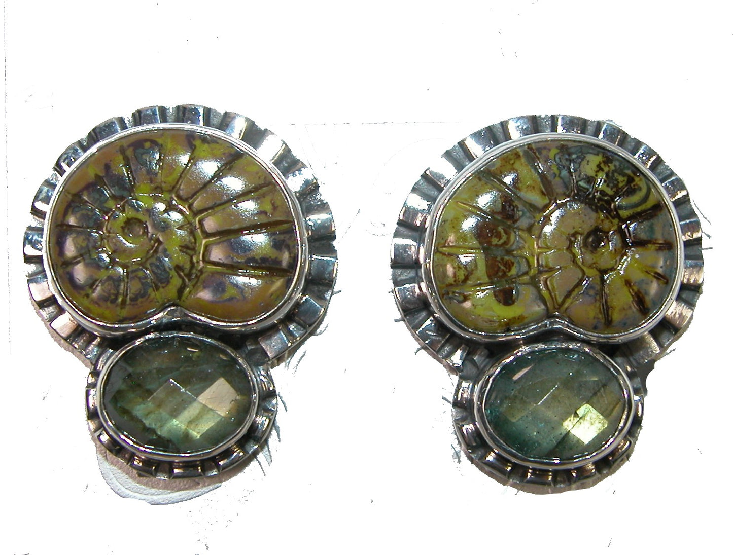 Labradorite Glass Nautilus Shell Sterling Silver Earrings