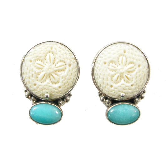 20878 Carved Bone Turquoise Sterling Silver Earrings