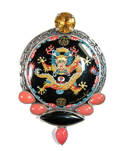 Russian Hand Painted Miniature Citrine Black Onyx Sea Bamboo Coral Sterling Silver