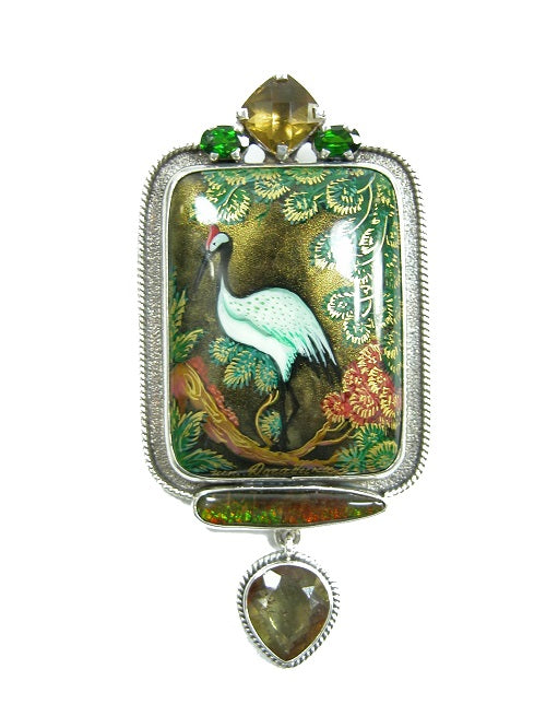 Hand Painted Miniature Crane Ammolite Sterling Silver Pin Pendant