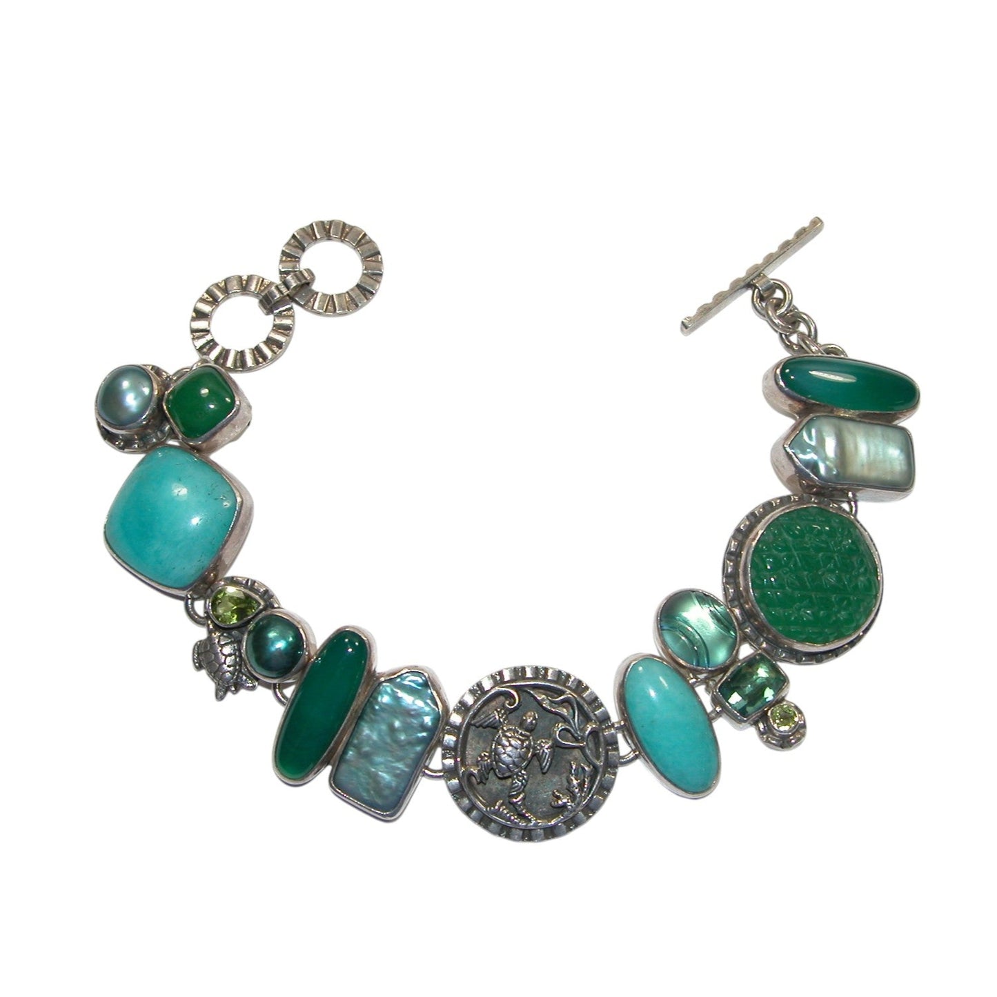 20891 Amazonite, Carved Agate, Freshwater Pearl, Green Onyx Sterling Silver Bracelet