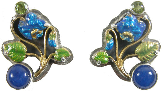 Peridot Lapis Enameled Flower Sterling Silver Earring