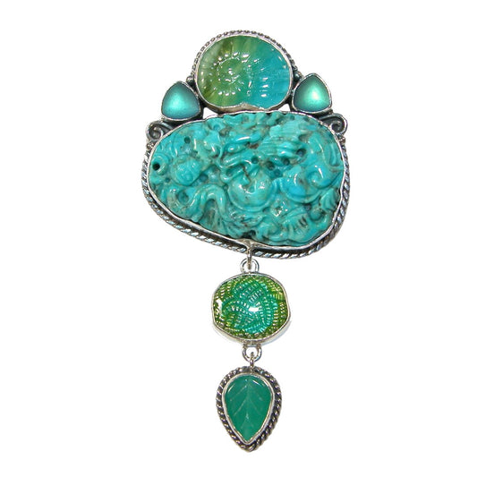 20940A Hand Carved Turquoise, Czech Glass, Quartz Sterling Silver Pin Pendant