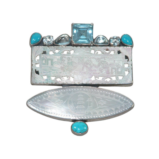 Pearl, Blue Topaz, Turquoise Sterling Silver Pin and Pendant
