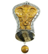 20942 Hand Carved Tiger Eye Elephant with Feather under Quartz Sterling Silver Pin Pendant
