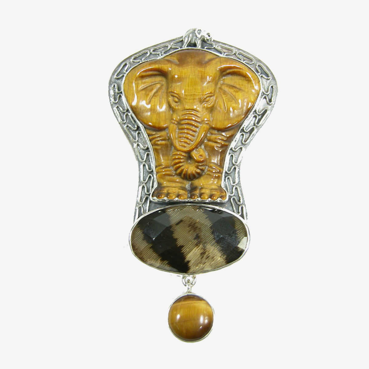 20942 Hand Carved Tiger Eye Elephant with Feather under Quartz Sterling Silver Pin Pendant