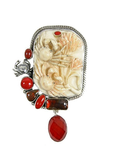 Carved Fossil Mammoth Ivory Ammolite Sea Bamboo Coral Quartz Sterling Silver
