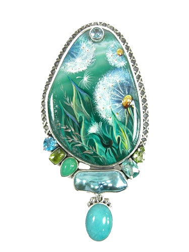 Hand Painted Russian Miniature on Mother of Pearl Amazonite Freshwater Pearl Blue Topaz  Peridot Chrysoprase Sterling Silver