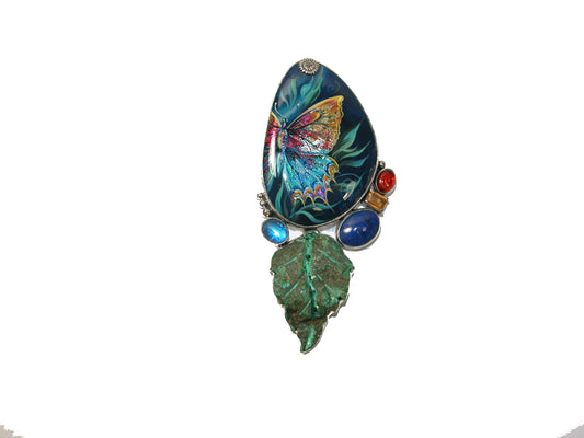 Butterfly Agate Amber Lapis Sterling Silver Pin Pendant
