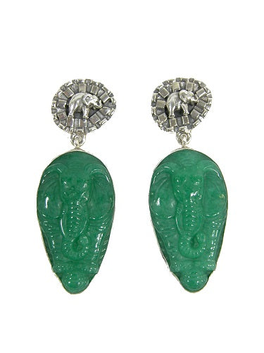 Carved Green Agate Elephant Sterling Silver Earring