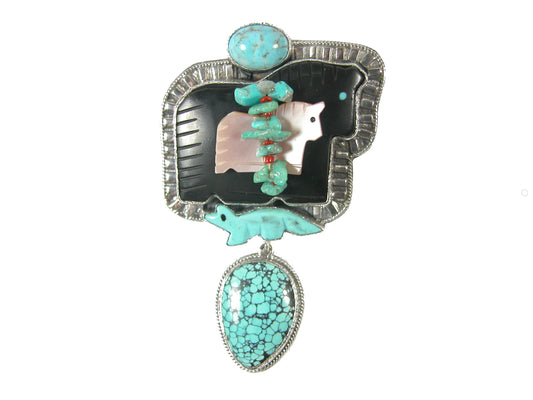 Carved Obsidian Zuni Horse Mother of Pearl Turquoise Sterling Silver Pin Pendant
