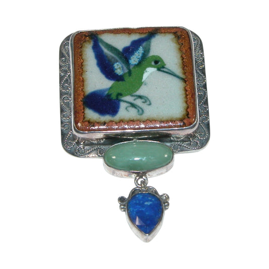 20973 Hand Painted Ceramic Bird Aventurine, Lapis Sterling Silver Pin Pendant