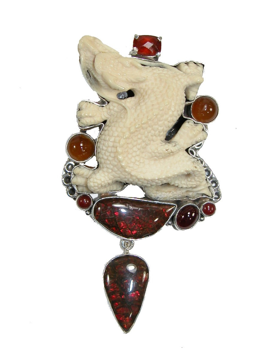 20994 Hand Carved Fossil Dragon with Ammolite Pin and Pendant