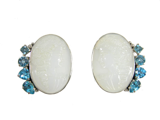 Agate Cameo with Blue Topaz Sterling Silver Earrings