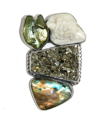 One Of A Kind Labradorite Pyrite Sterling Silver Pin and Pendant