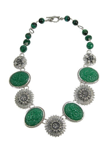 Carved Green Agate Flower Malachite Sterling Silver