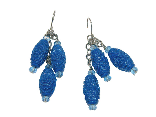 21025B Blue Rose Bead Sterling Silver Dangle Earrings