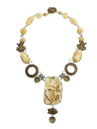 21028 Fossil Mammoth Ivory Hand Carved Frogs Sterling Silver Necklace