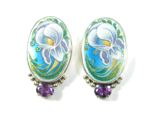 21047A Hand Painted Miniature Iris Amethyst Sterling Silver Earring