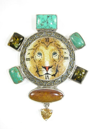 Lion Mosaic Turquoise Amber Citrine Sterling Silver Pin Pendant