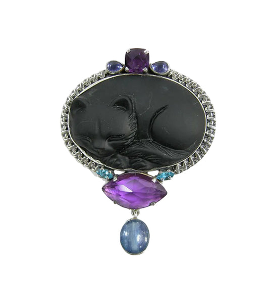 21086 Carved Obsidian Cat Kyanite Amethyst Sterling Silver Pin Pendant